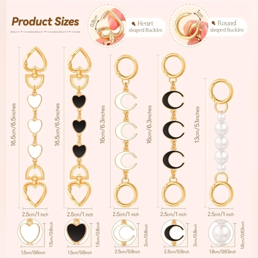 Purse Chain Strap Extenders 5piece In Gold And Black.Moon, Heart, Pearl, New - Picture 2 of 4